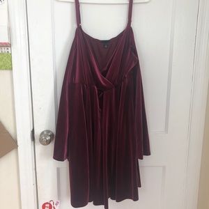 Velvet cranberry bell sleeve peep shoulder dress